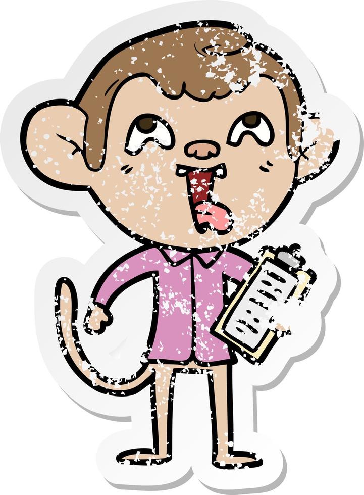 distressed sticker of a crazy cartoon monkey with clipboard vector