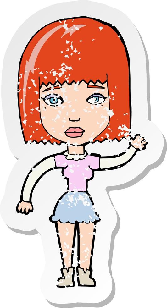 retro distressed sticker of a cartoon waving woman vector