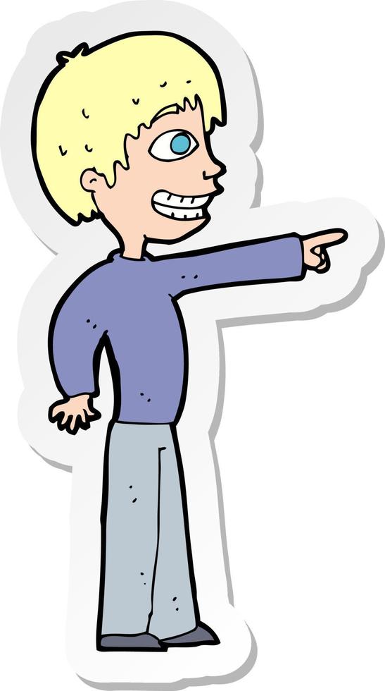 sticker of a cartoon grinning boy pointing vector