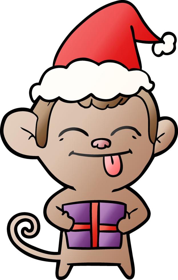 funny gradient cartoon of a monkey with christmas present wearing santa hat vector