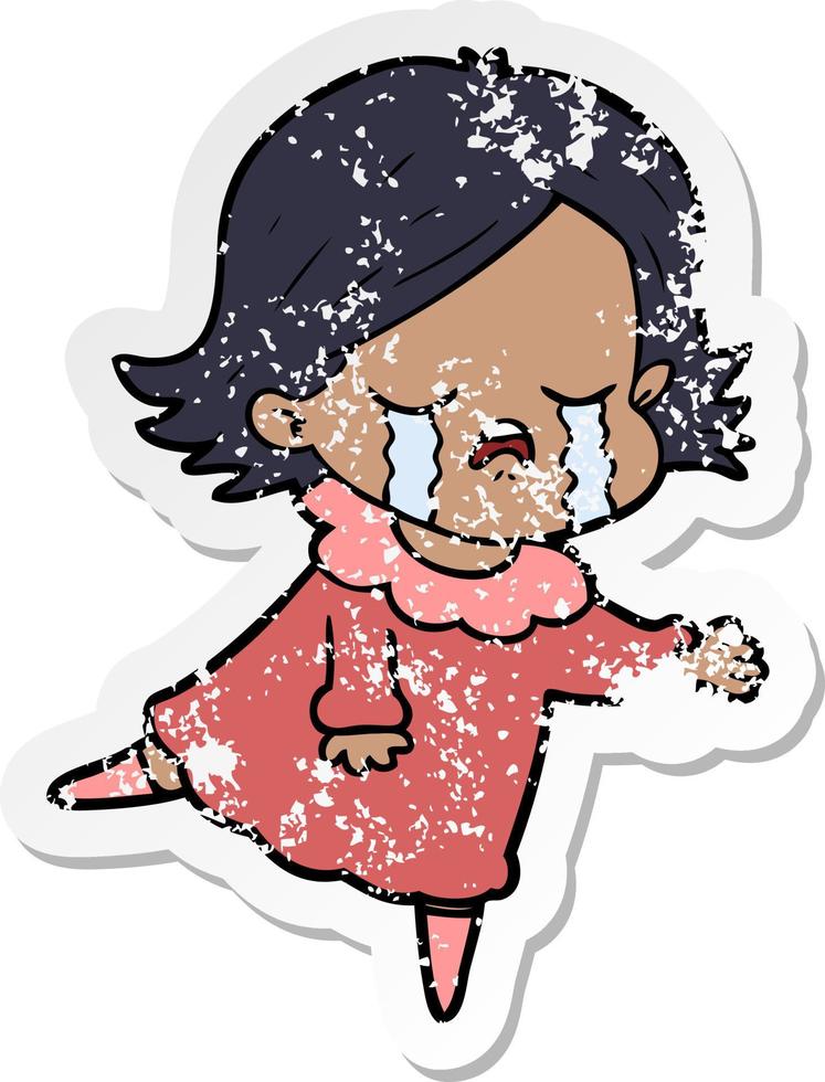 distressed sticker of a cartoon girl crying vector