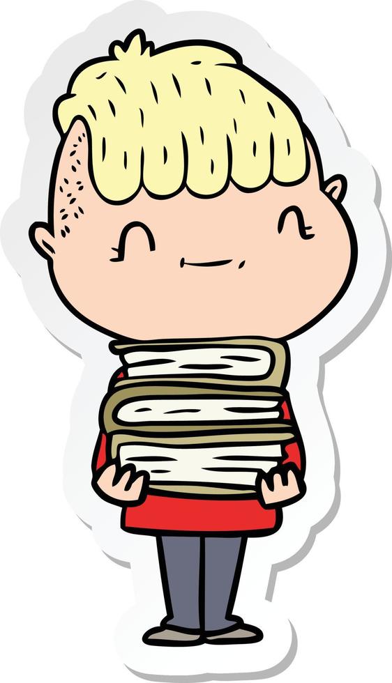 sticker of a cartoon friendly boy with books vector