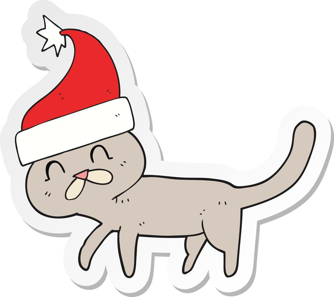 sticker of a cartoon cat wearing christmas hat vector