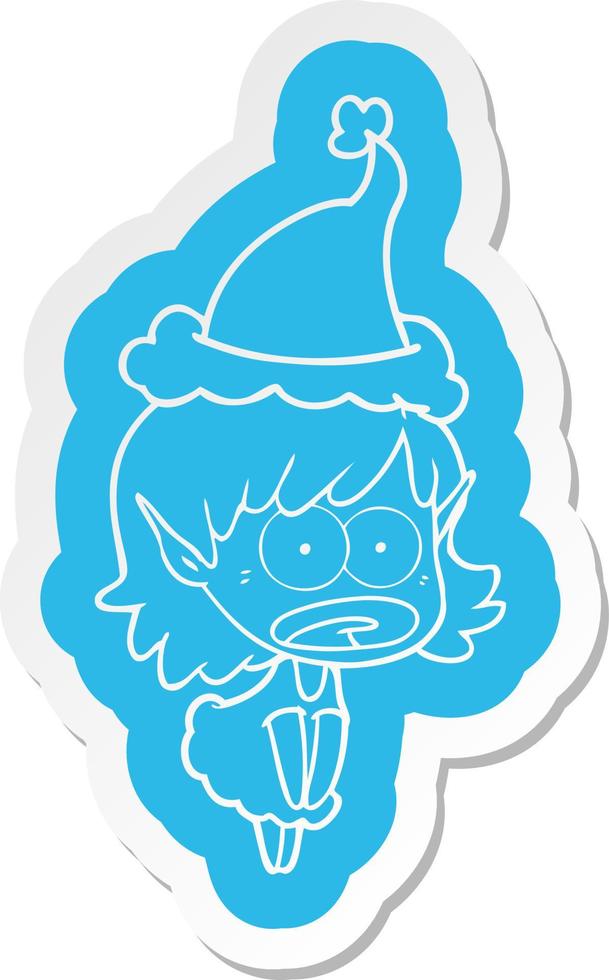 cartoon  sticker of a shocked elf girl wearing santa hat vector