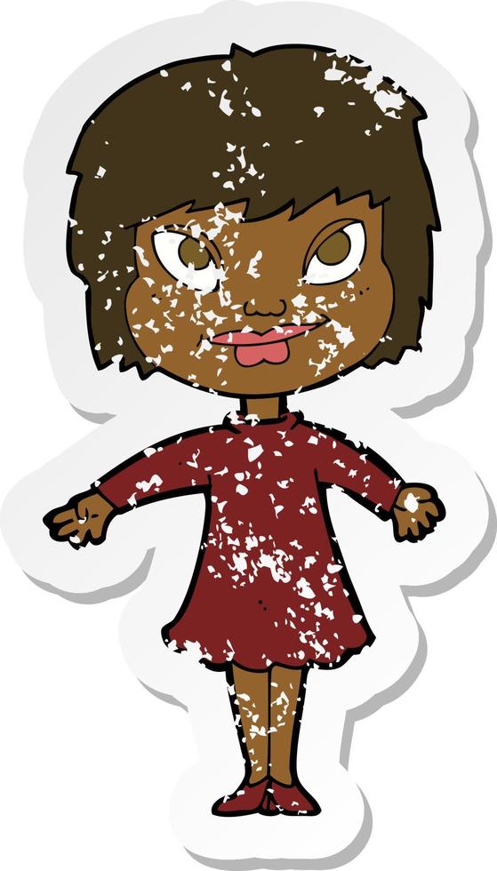 retro distressed sticker of a cartoon girl shrugging shoulders vector