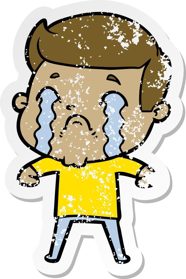 distressed sticker of a cartoon man crying vector