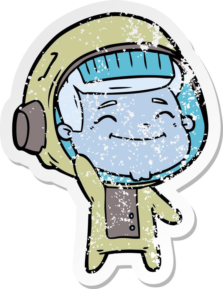 distressed sticker of a happy cartoon astronaut vector
