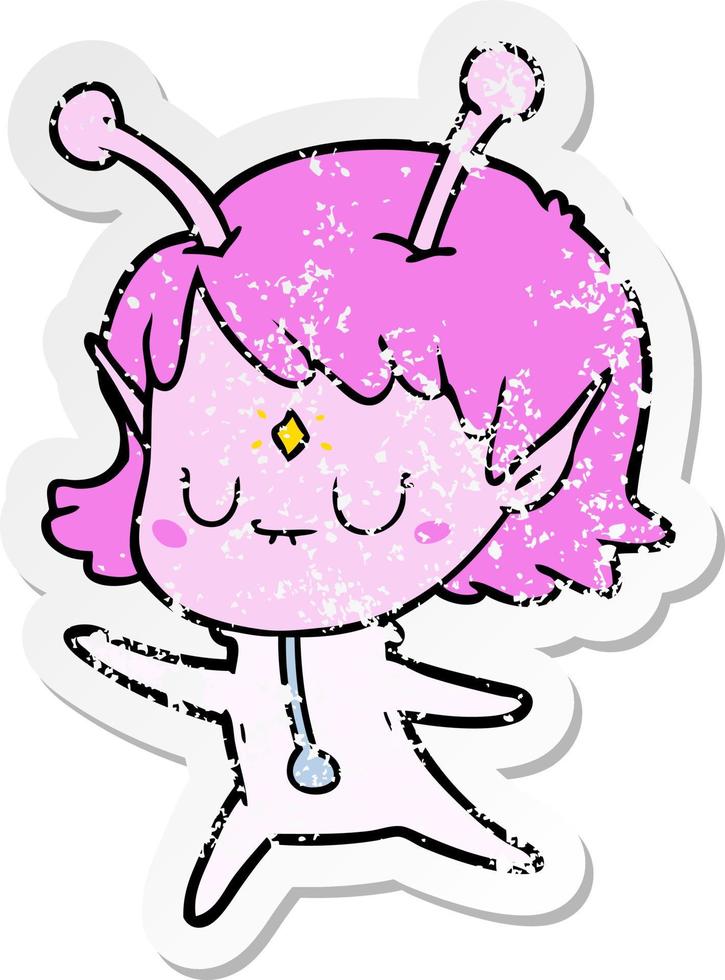 distressed sticker of a cartoon alien girl vector