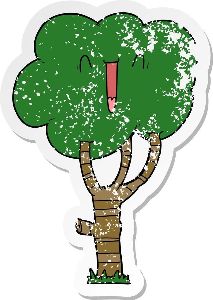 distressed sticker of a cartoon laughing tree vector