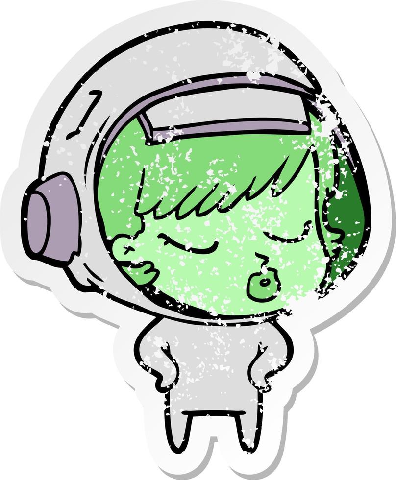 distressed sticker of a cartoon pretty astronaut girl vector