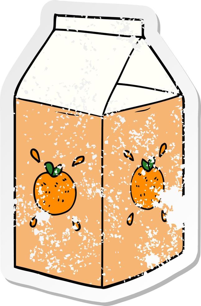 distressed sticker of a cartoon orange juice carton vector