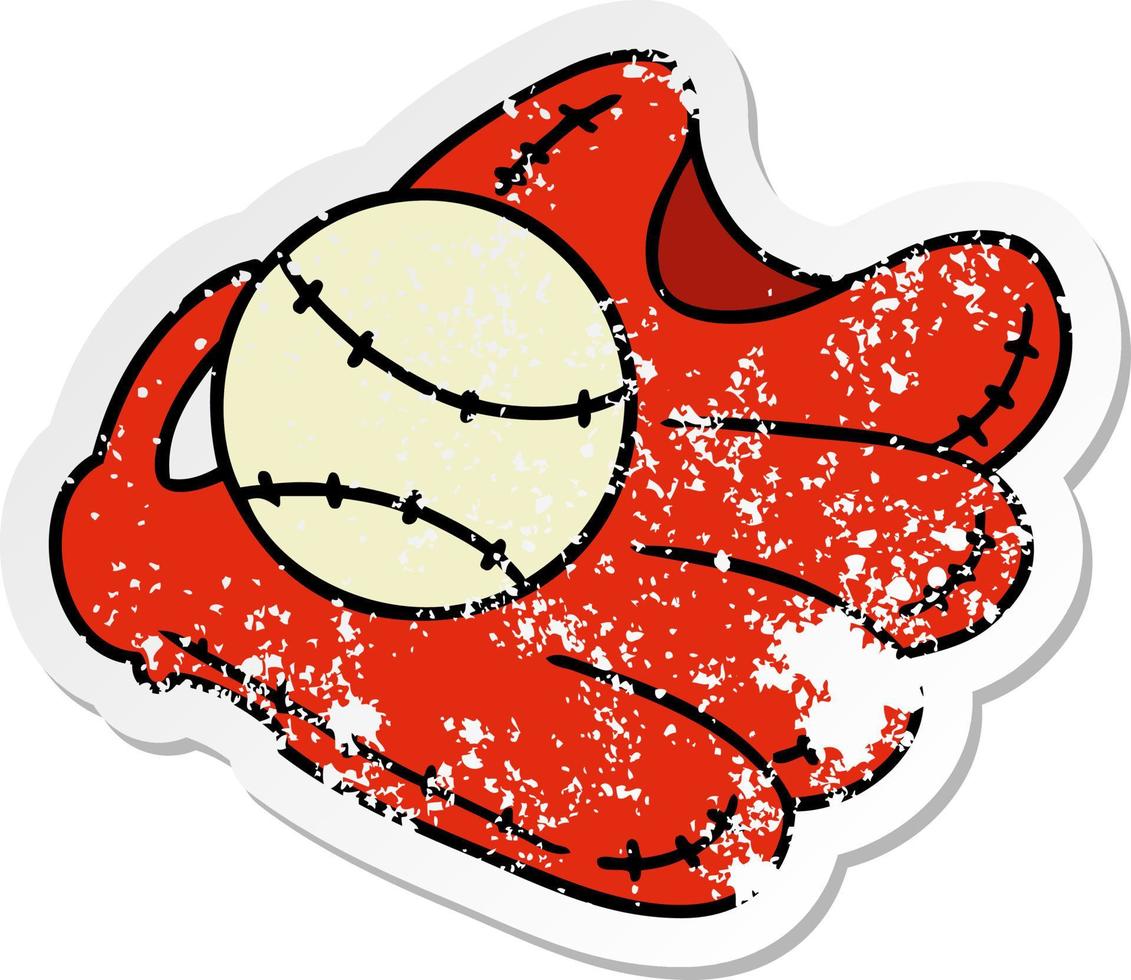 distressed sticker cartoon doodle of a baseball and glove vector