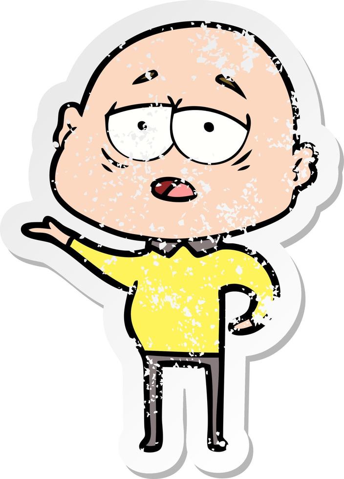 distressed sticker of a cartoon tired bald man vector