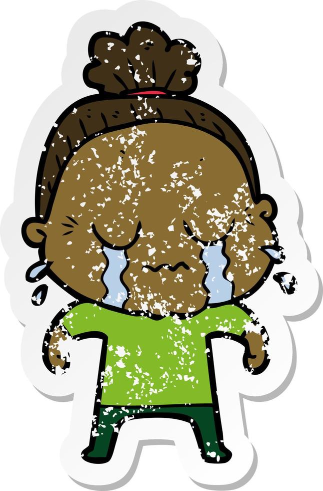 distressed sticker of a cartoon crying old lady vector