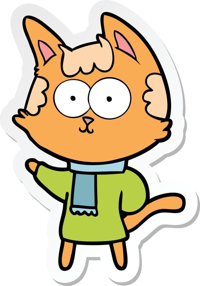 pegatina de un gato de dibujos animados feliz con ropa de invierno vector