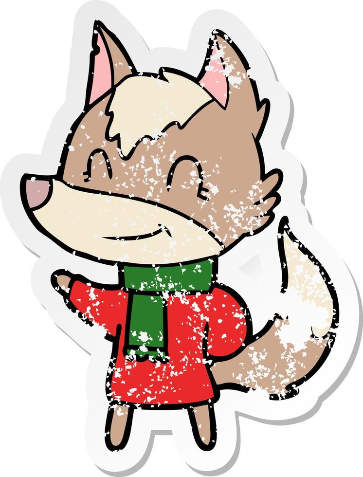 distressed sticker of a friendly cartoon wolf in winter clothes vector