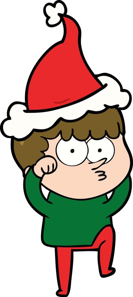 line drawing of a curious boy rubbing eyes in disbelief wearing santa hat vector