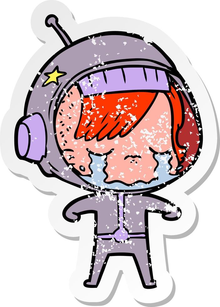 distressed sticker of a cartoon crying astronaut girl vector