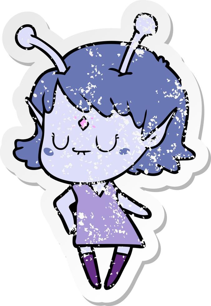 distressed sticker of a cartoon alien girl vector