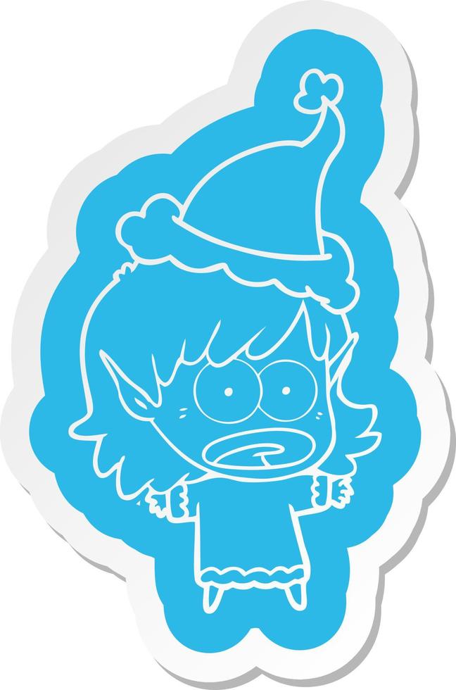 cartoon  sticker of a shocked elf girl wearing santa hat vector