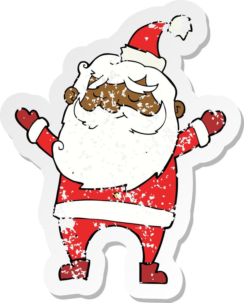 retro distressed sticker of a cartoon happy santa claus vector