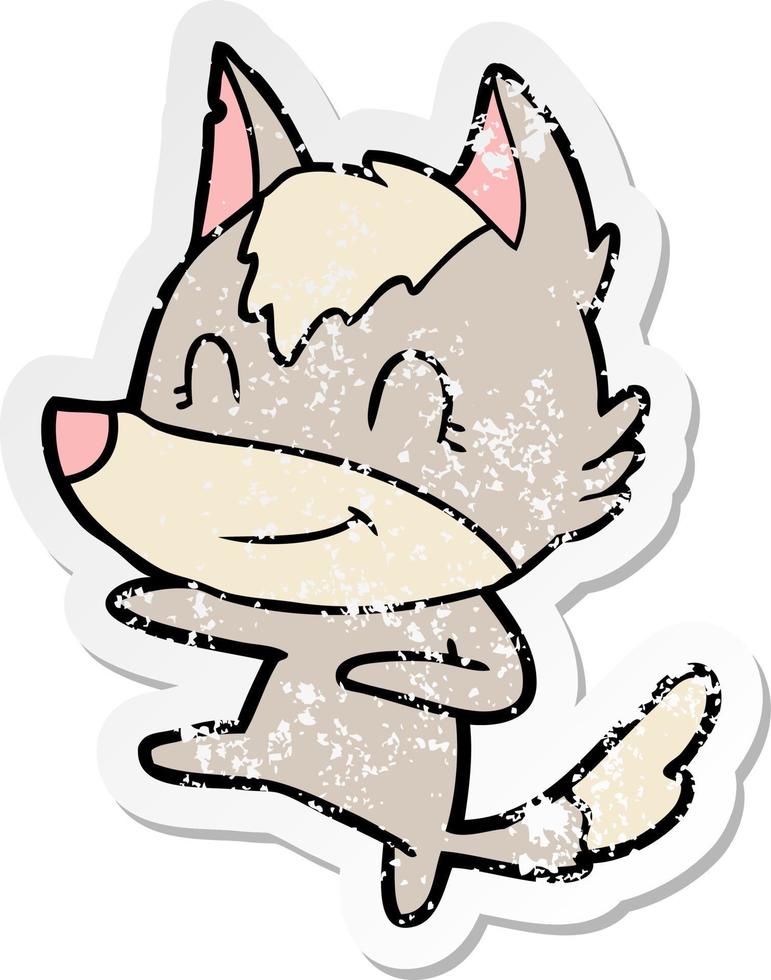 distressed sticker of a friendly cartoon wolf vector