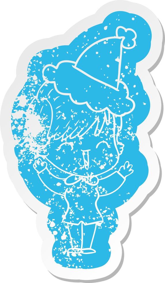 cartoon distressed sticker of a laughing woman wearing santa hat vector