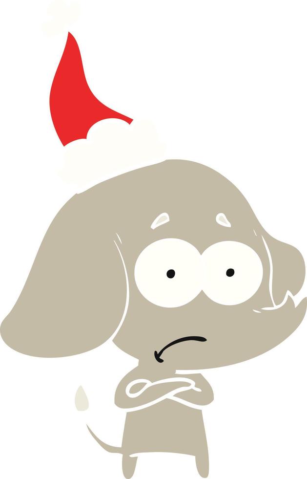 flat color illustration of a unsure elephant wearing santa hat vector
