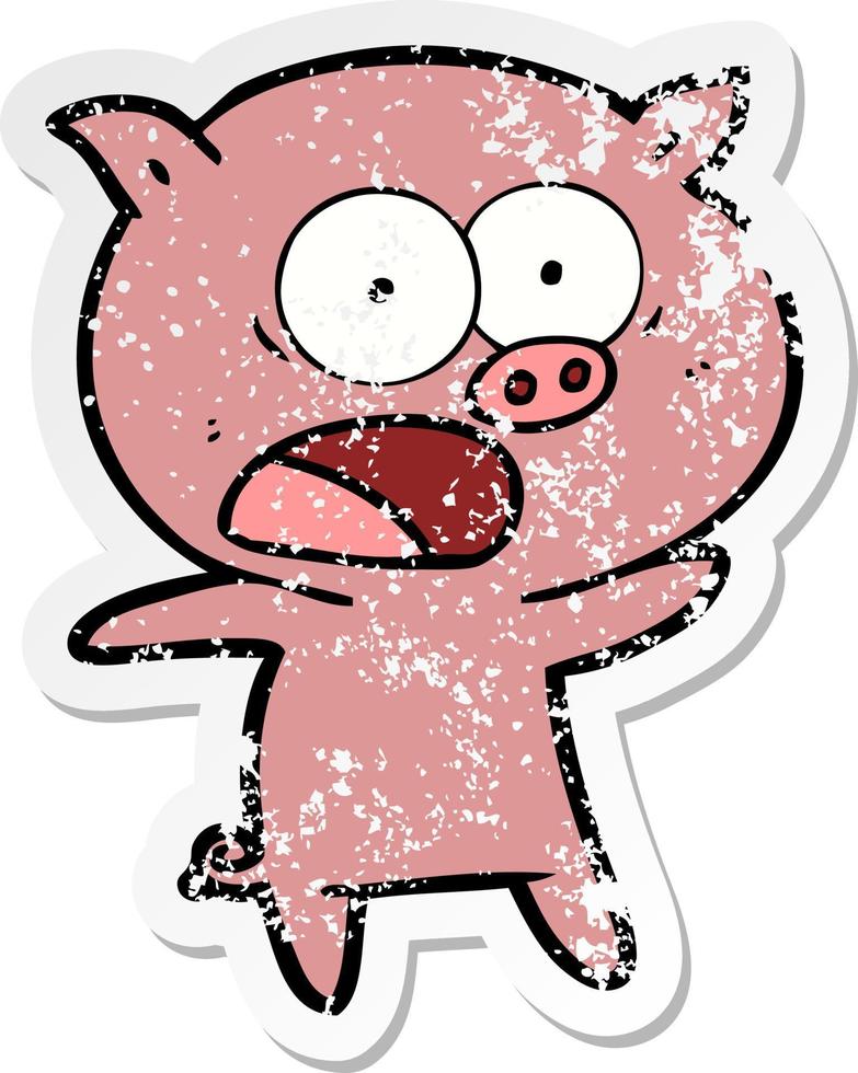 distressed sticker of a cartoon pig shouting vector