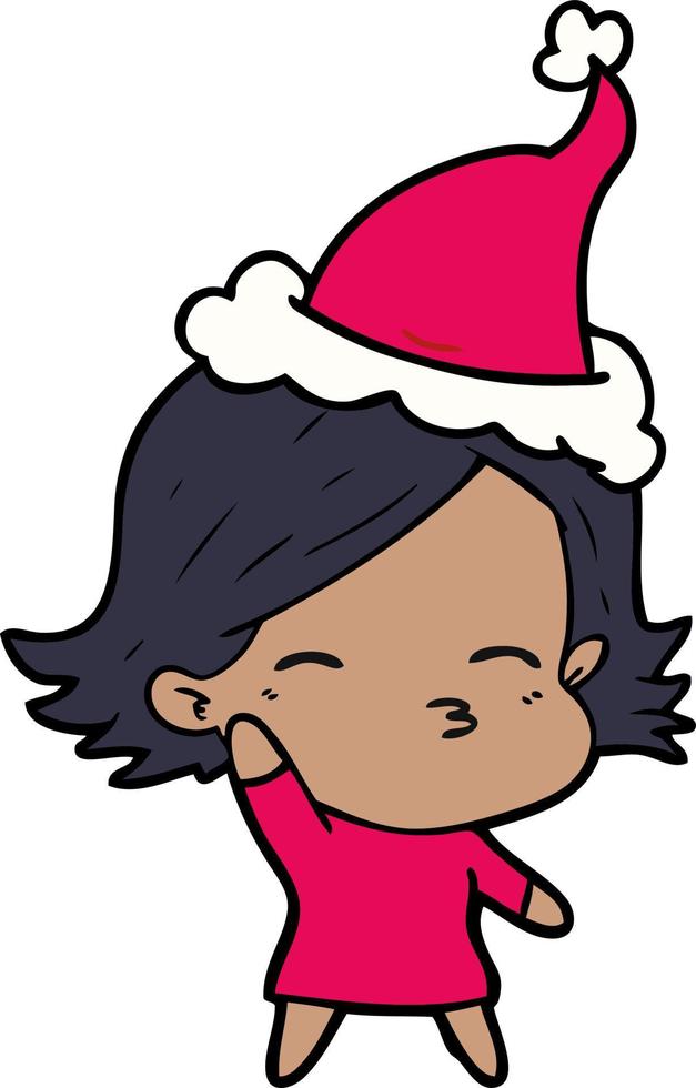 line drawing of a woman wearing santa hat vector