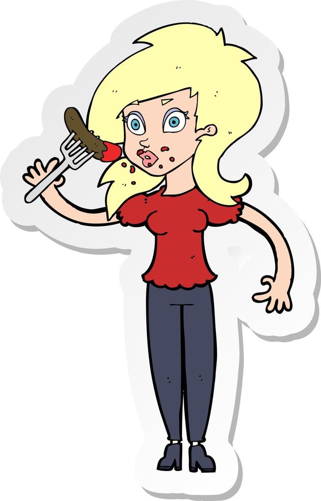 sticker of a cartoon woman eating hotdog vector