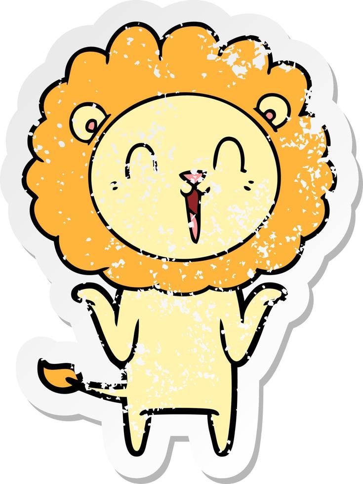 distressed sticker of a laughing lion cartoon shrugging shoulders vector