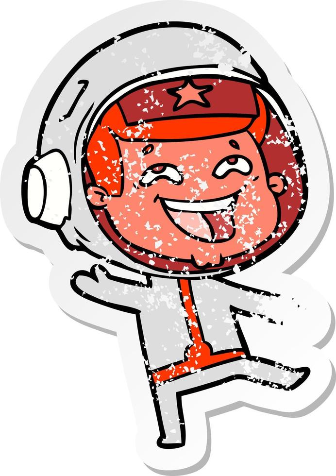 pegatina angustiada de un hombre espacial feliz de dibujos animados vector