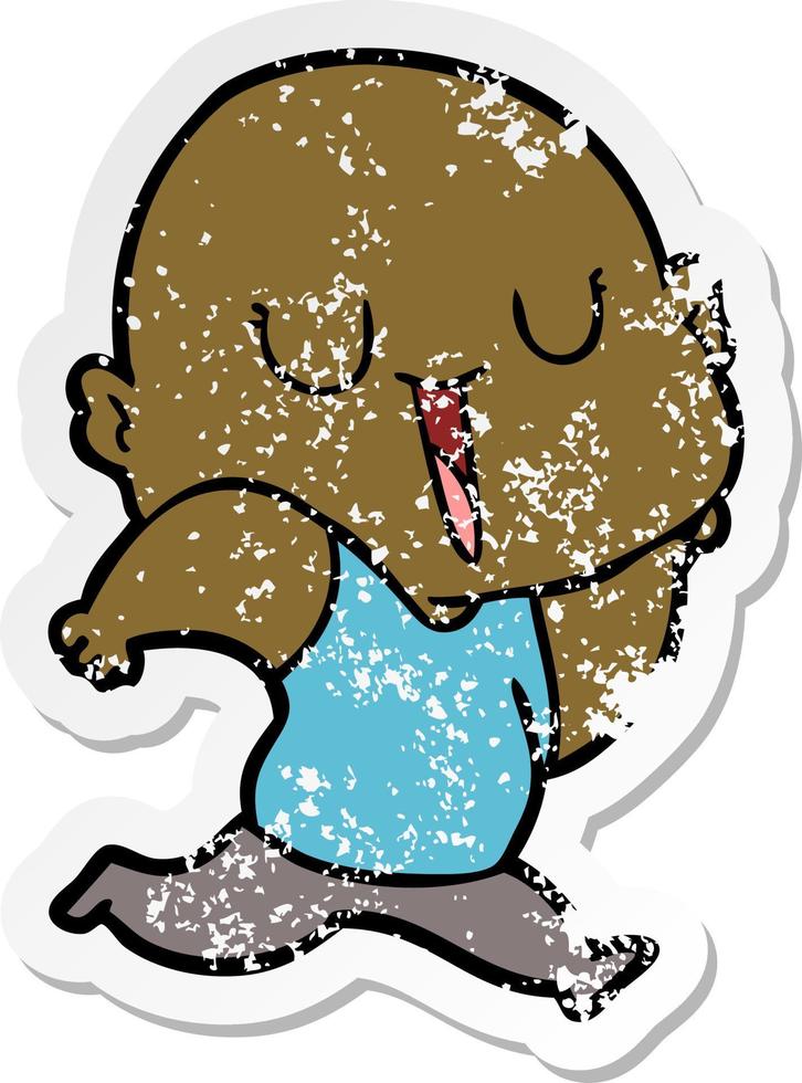 distressed sticker of a happy cartoon bald man vector