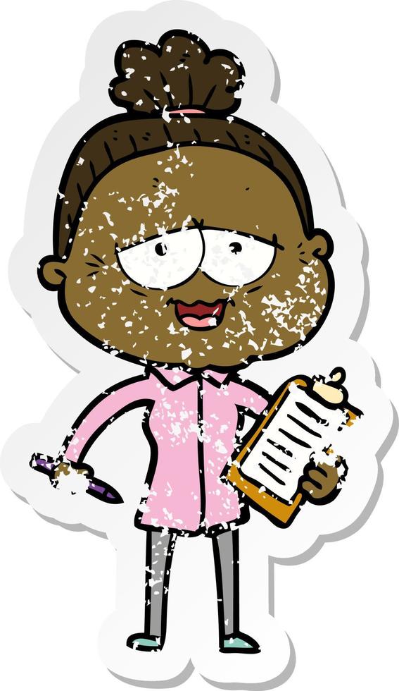 distressed sticker of a cartoon happy old lady vector