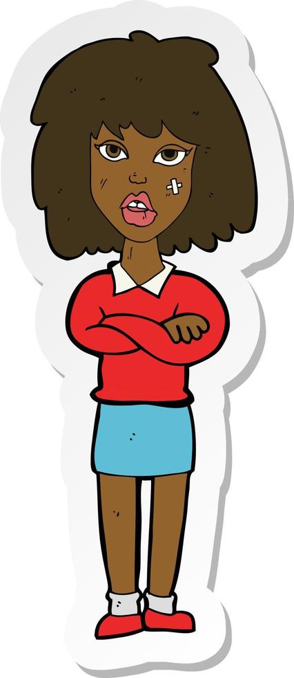 sticker of a cartoon tough woman with folded arms vector