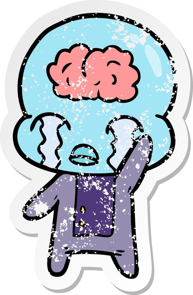 distressed sticker of a cartoon big brain alien crying vector