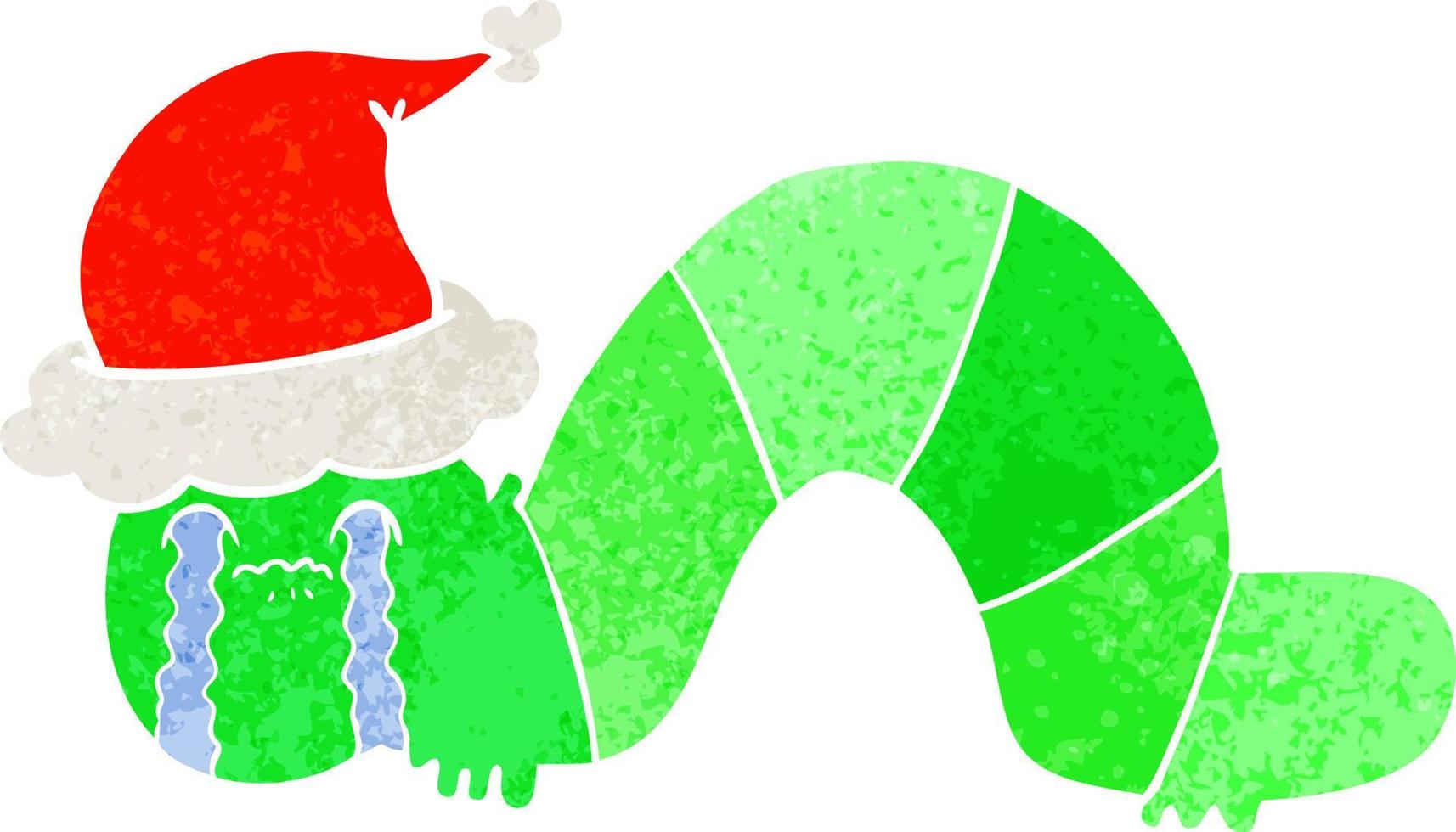 retro cartoon of a caterpillar obsessing over his regrets wearing santa hat vector