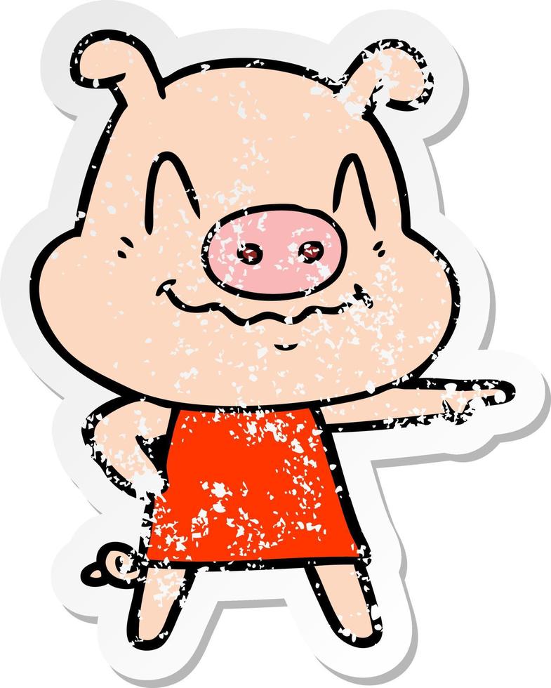 distressed sticker of a nervous cartoon pig wearing dress vector