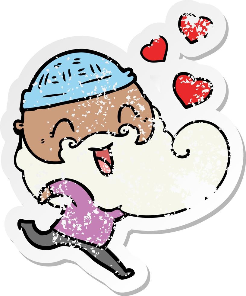 distressed sticker of a happy bearded man in love vector
