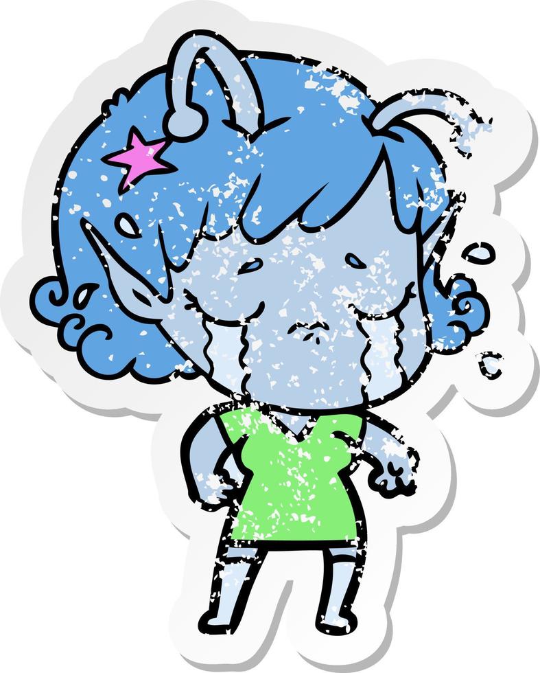 distressed sticker of a cartoon crying alien girl vector