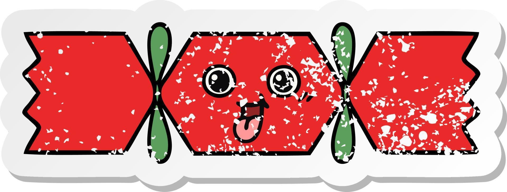 distressed sticker of a cute cartoon christmas cracker vector
