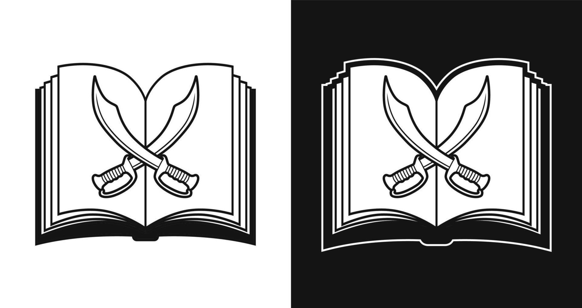 2 espadas cruzadas sobre fondo de libro abierto, ilustración de arte de línea vectorial vector