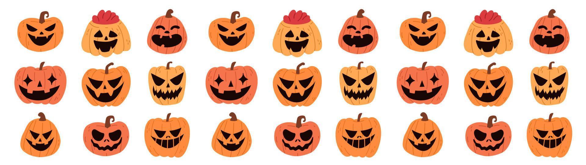 Happy Halloween banner with scary pumpkins. Row of orange pumpkins. Characters banner, scary squash lanterns silhouettes. Spooky funny jack-o-lanterns halloween poster vector background