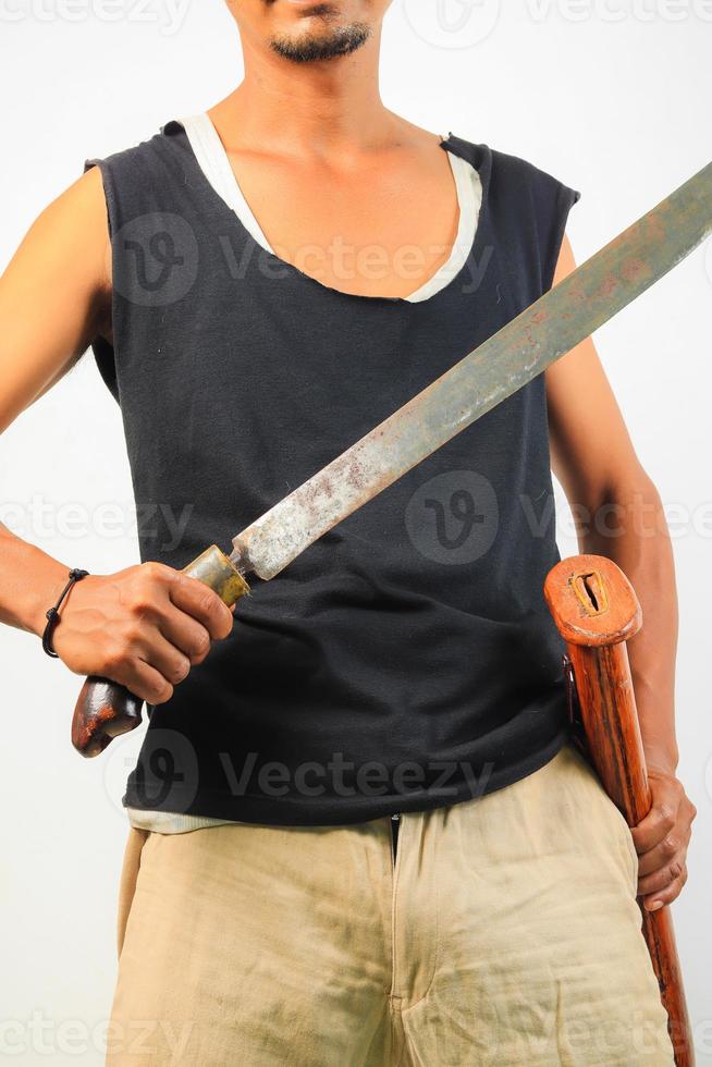 Man holding machete isolated photo