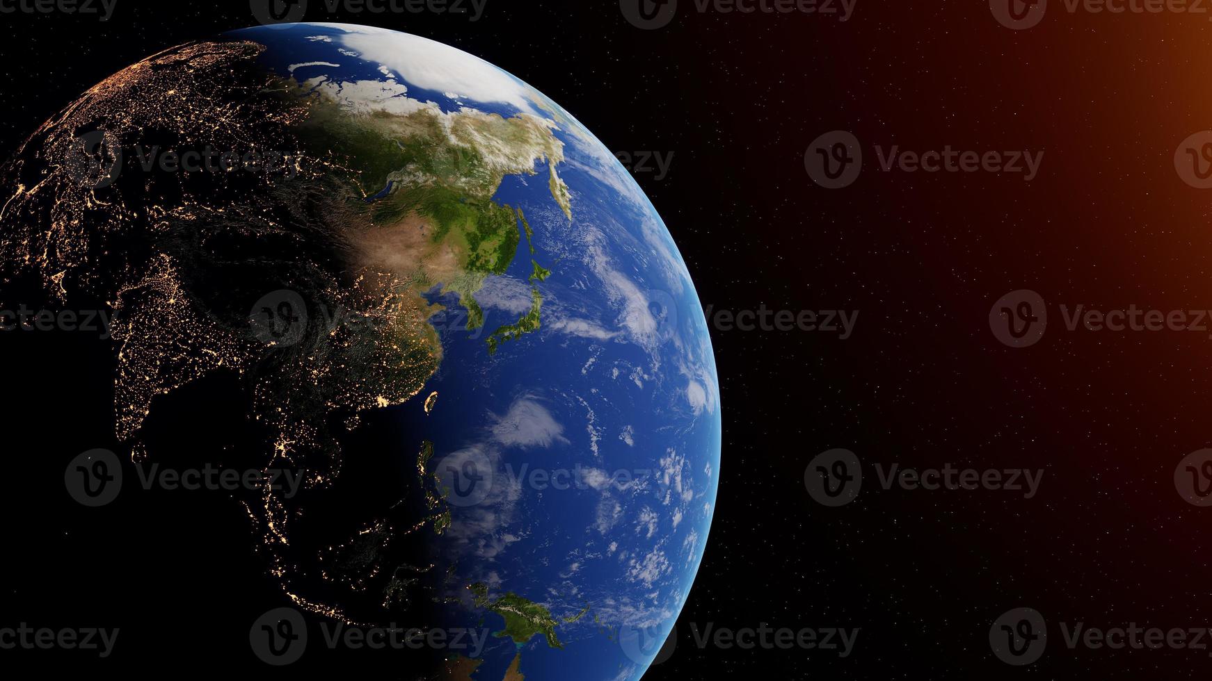 día y noche en el planeta tierra visto desde el espacio mostrando las luces de asia. representación 3d elementos de esta imagen proporcionada por la nasa. foto