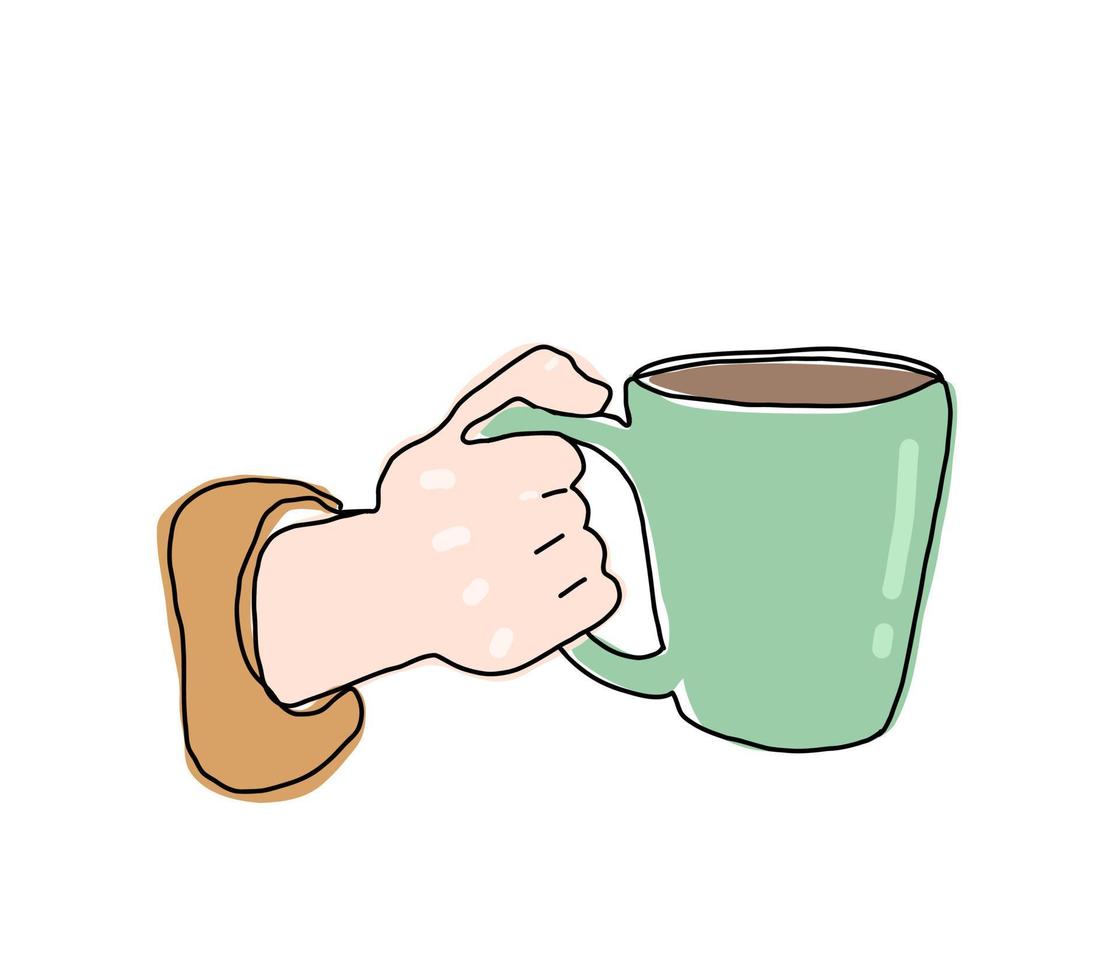 Illustration of a cup of coffee in hand. Simple hand-drawn illustration in line art style. Single line drawing vector