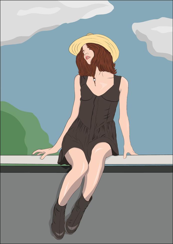 Cute Beautiful Hand-drawn Woman Wearing a Yellow Hat and a Black Dress vector