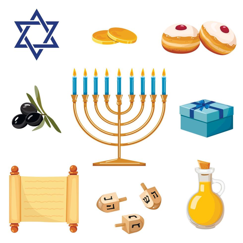 conjunto de hanukkah. colección de coloridos símbolos de dibujos animados de hanukkah con menorah, dreidels, monedas, aceite, regalo, sufganiyot aislado sobre fondo blanco vector