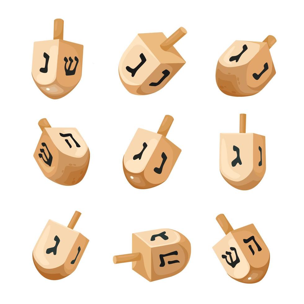 conjunto de iconos de dreidels de hanukkah. ilustración vectorial hanukkah dreidels con sus letras del alfabeto hebreo. vector